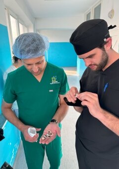 Dr. Parag Gandhi and Dr. Kyrylo Chuhai prepare ocular prostheses.